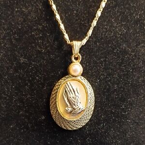Classic Gold Tone Metal Marked Germany Praying Pendant Necklace